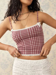 Lace detail plaid square neck cami with bow.