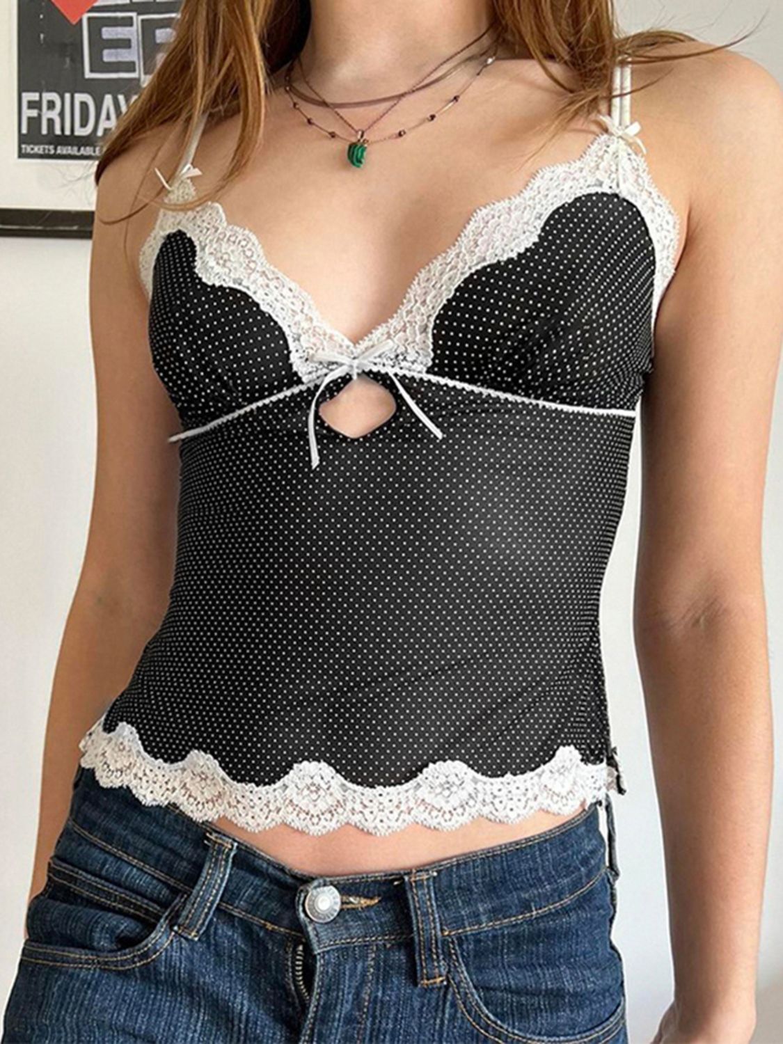 Lace detail polka dot V-neck cami.