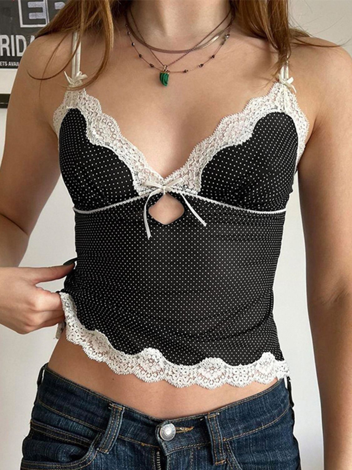 Lace detail polka dot V-neck cami.