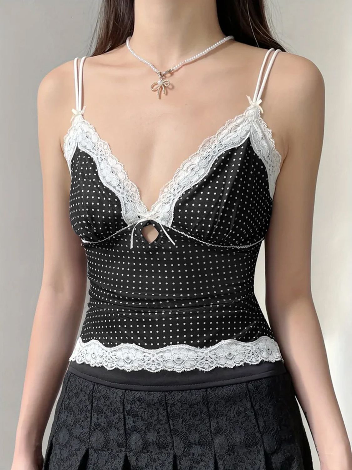 Lace detail polka dot V-neck cami.