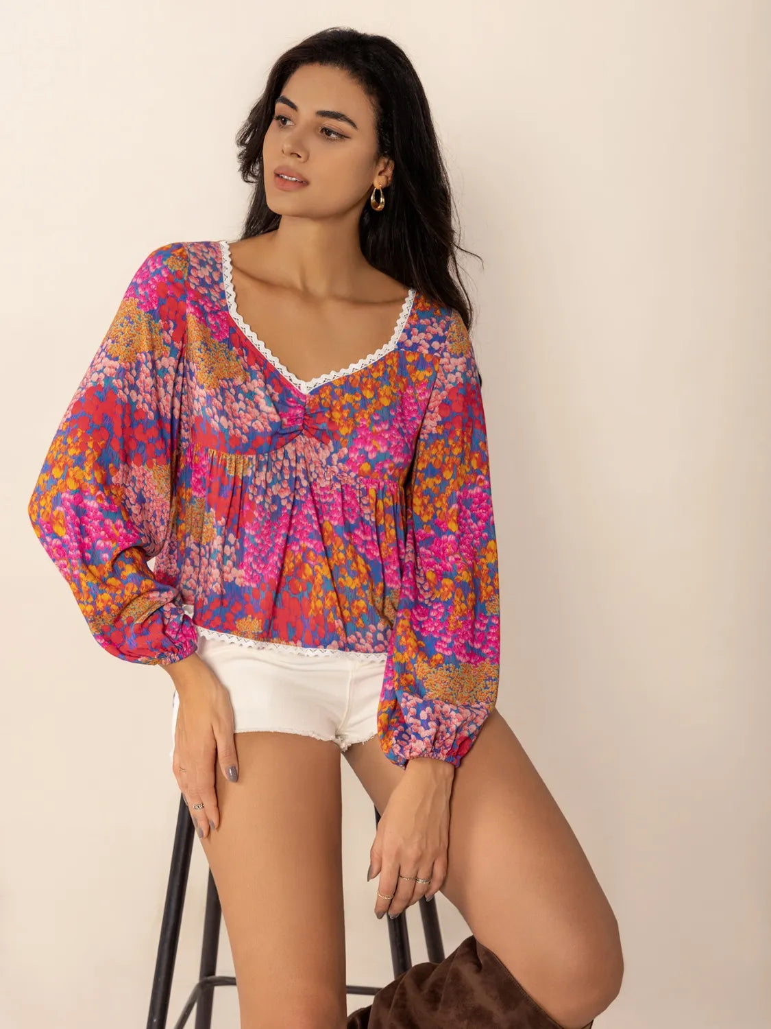 Lace Detail Printed Balloon Sleeve Top with Ruched Details.