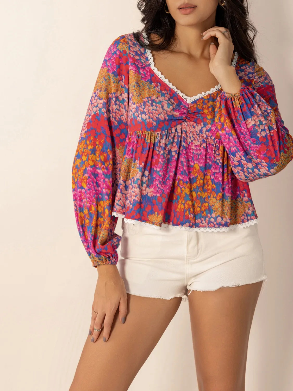 Lace Detail Printed Balloon Sleeve Top with Ruched Details.
