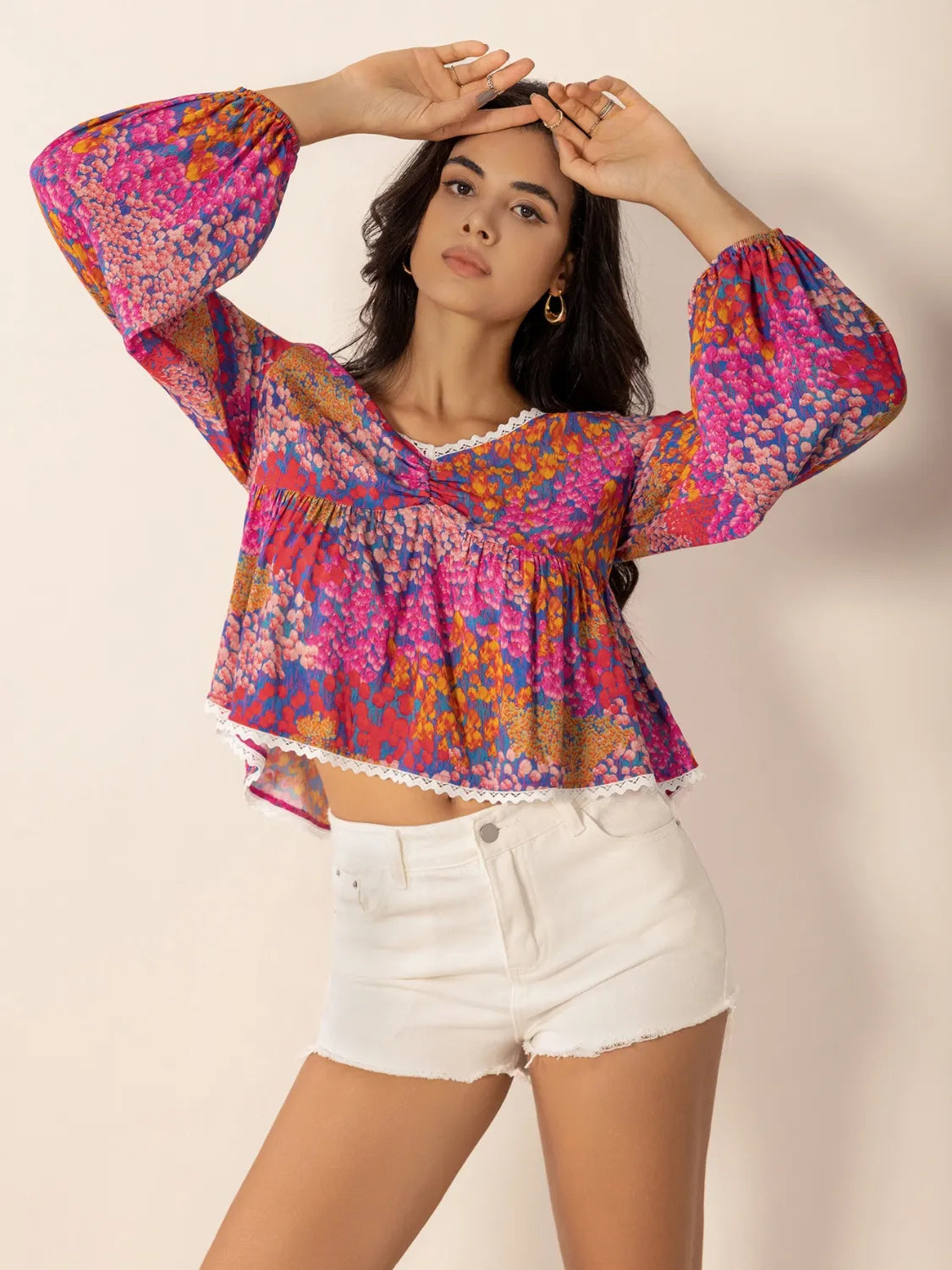 Lace Detail Printed Balloon Sleeve Top with Ruched Details.