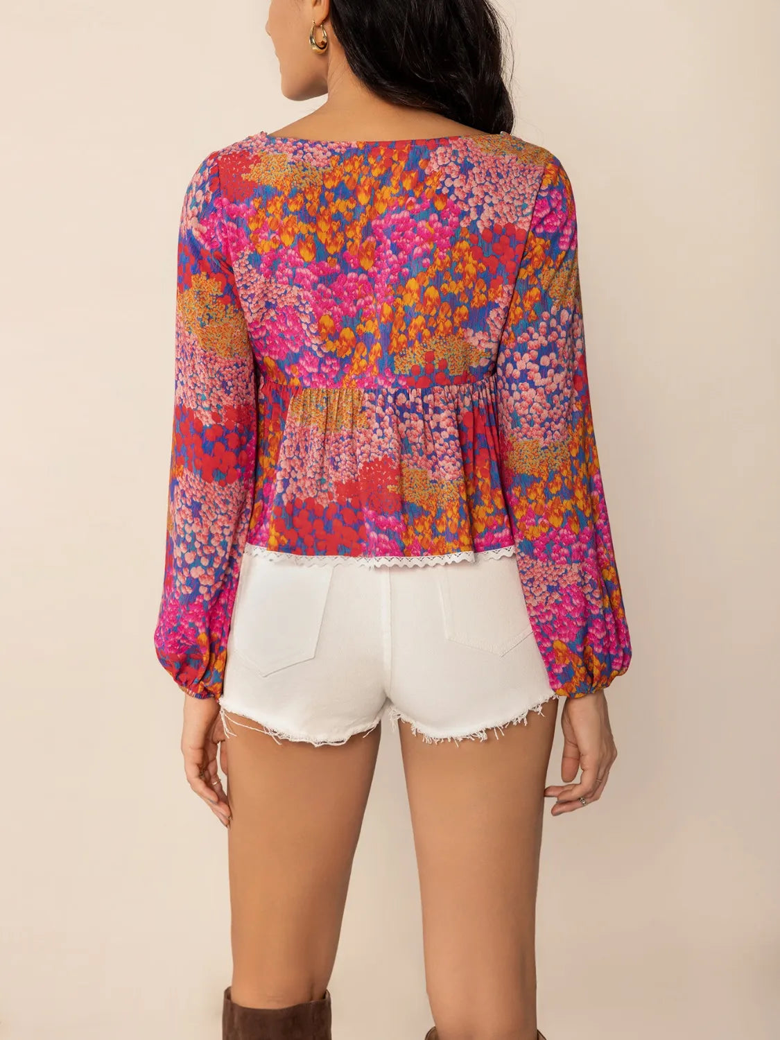 Lace Detail Printed Balloon Sleeve Top with Ruched Details.