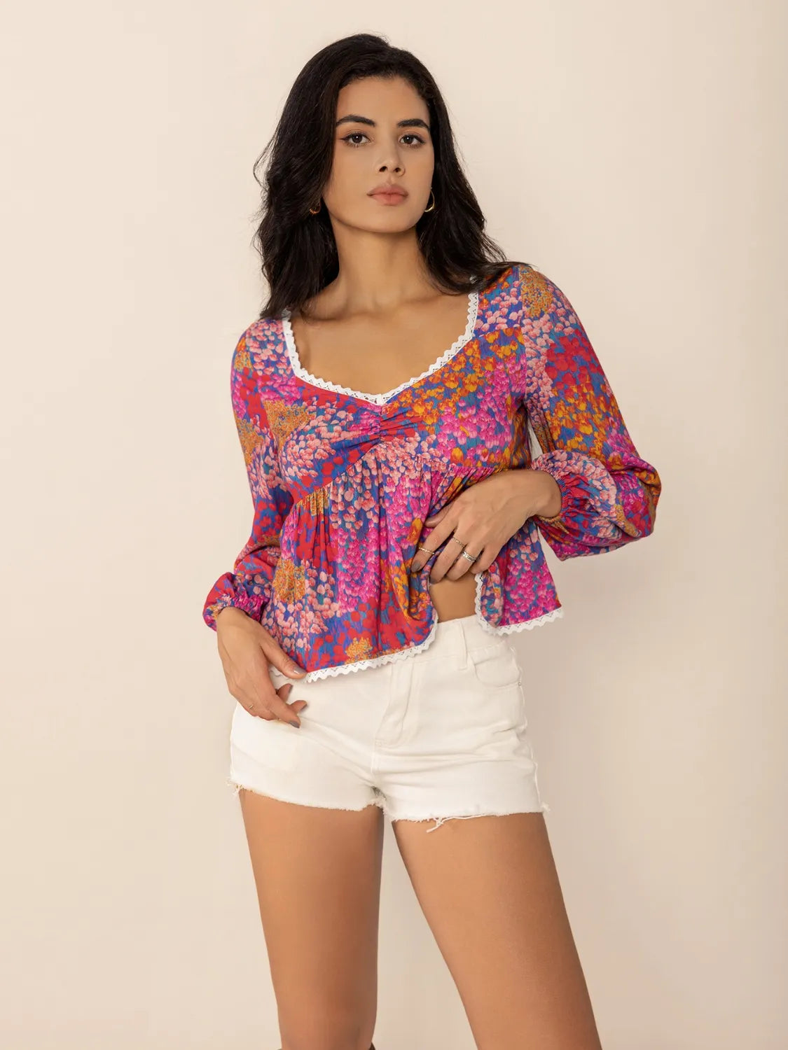 Lace Detail Printed Balloon Sleeve Top with Ruched Details.