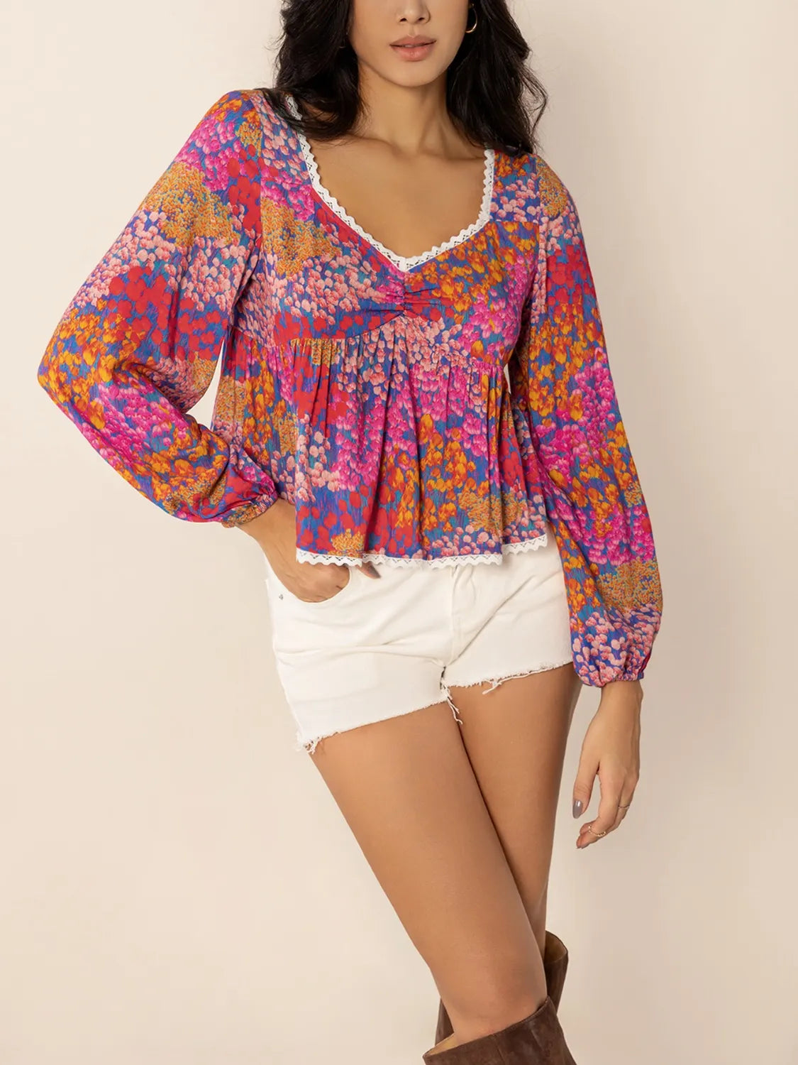 Lace Detail Printed Balloon Sleeve Top with Ruched Details.