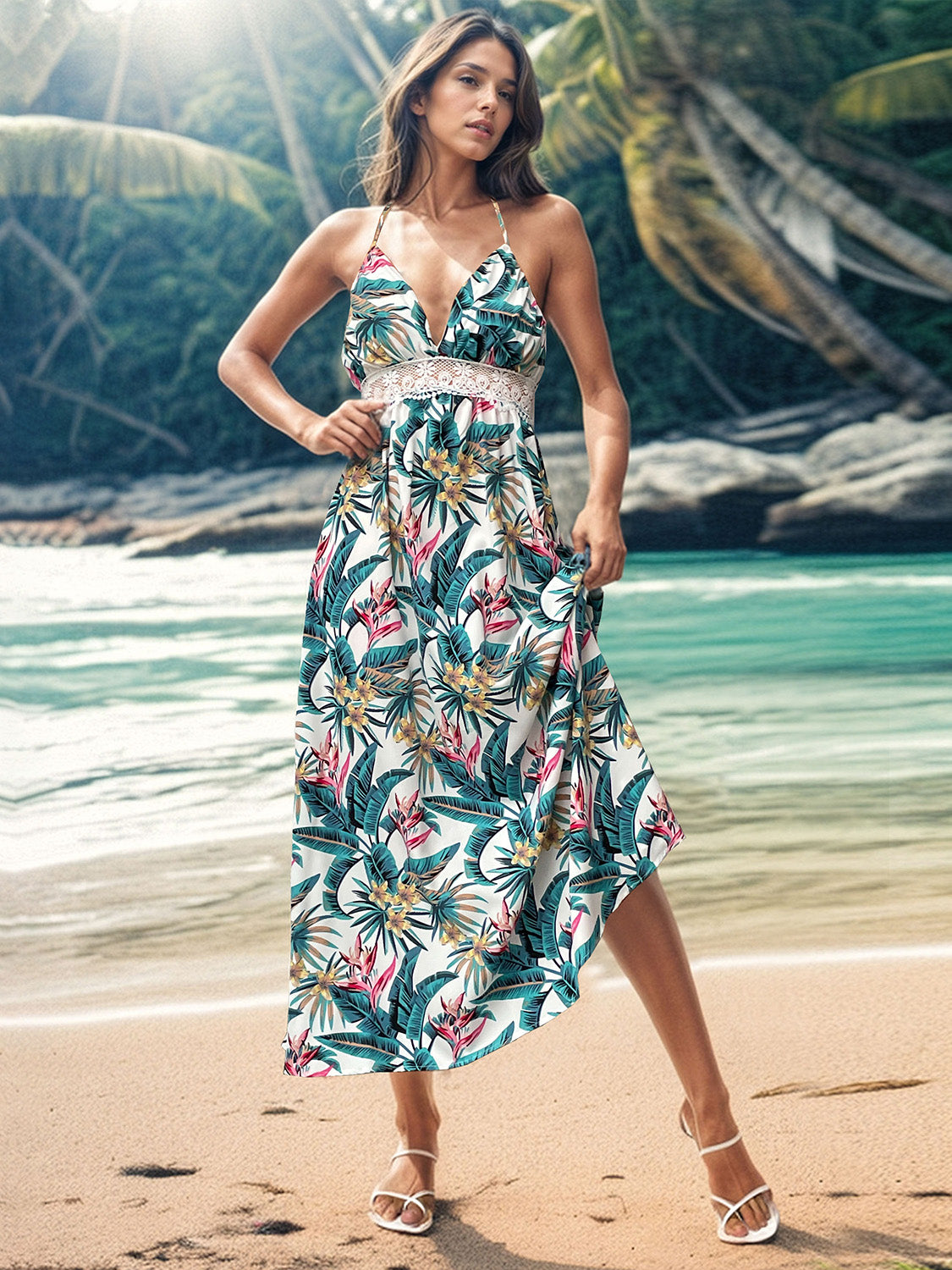 Perfee Lace Detail Printed Halter Neck Midi Cami Dress.