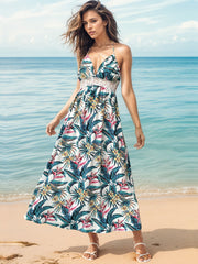 Perfee Lace Detail Printed Halter Neck Midi Cami Dress.