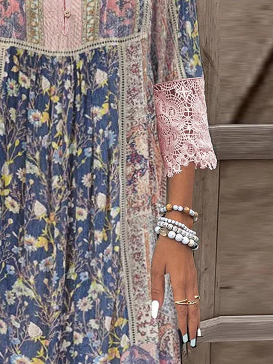Plus Size Lace Detail Printed Three-Quarter Sleeve Dress.