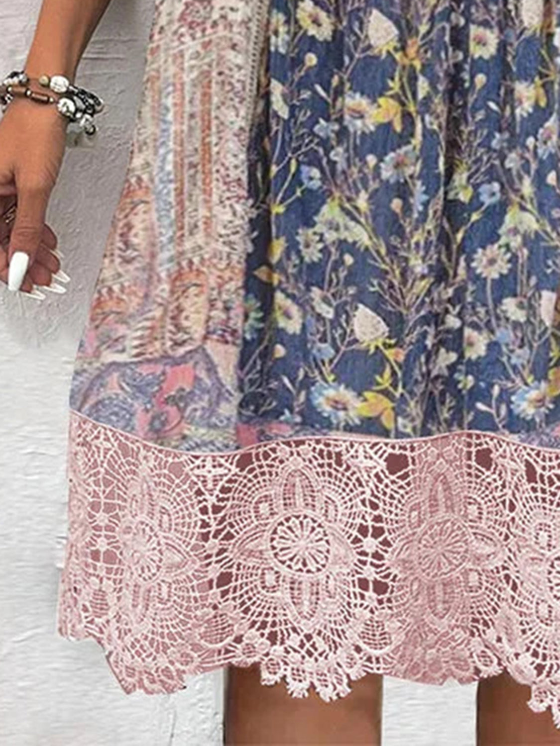 Plus Size Lace Detail Printed Three-Quarter Sleeve Dress.