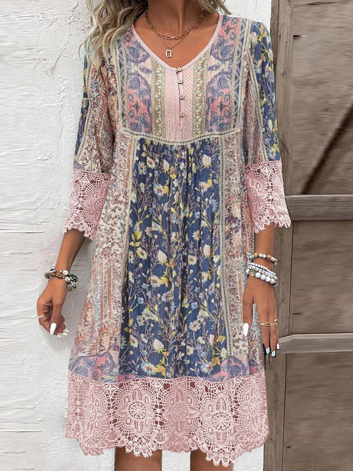 Plus Size Lace Detail Printed Three-Quarter Sleeve Dress.