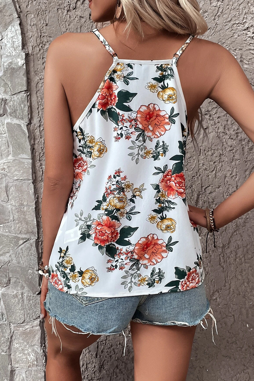 Lace detail printed V-neck cami, opaque.