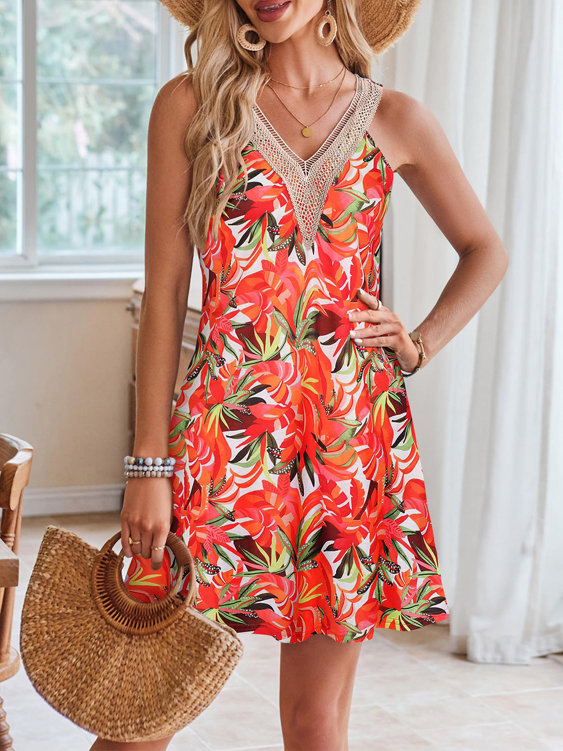 Lace Detail Printed V-Neck Sleeveless Dress.