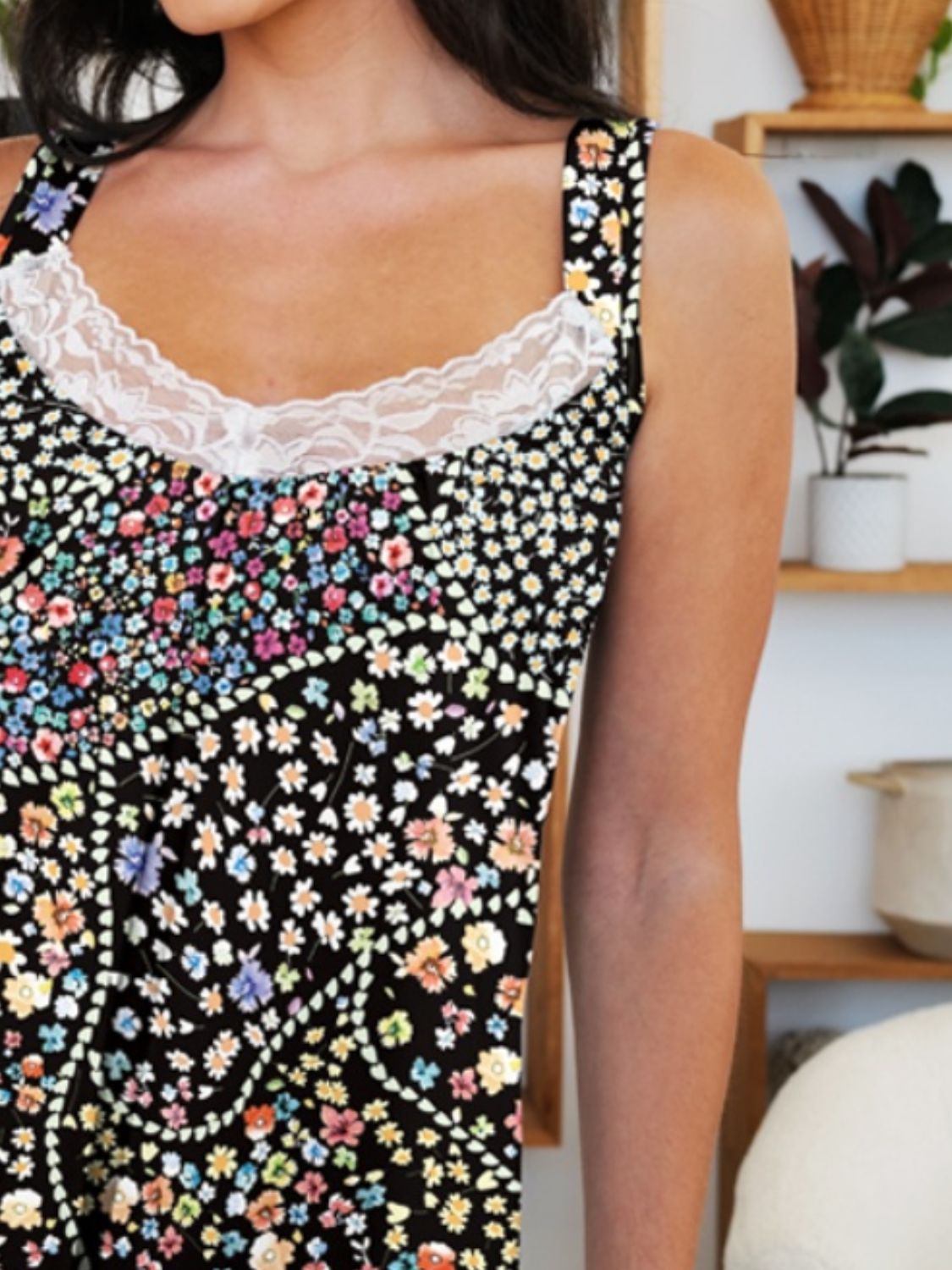 Fam Fam Lace Detail Printed Wide Strap Mini Dress.