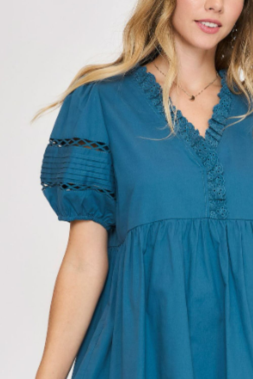 Umgee USA Plus Size Lace Detail Puff Sleeve Mini Dress.