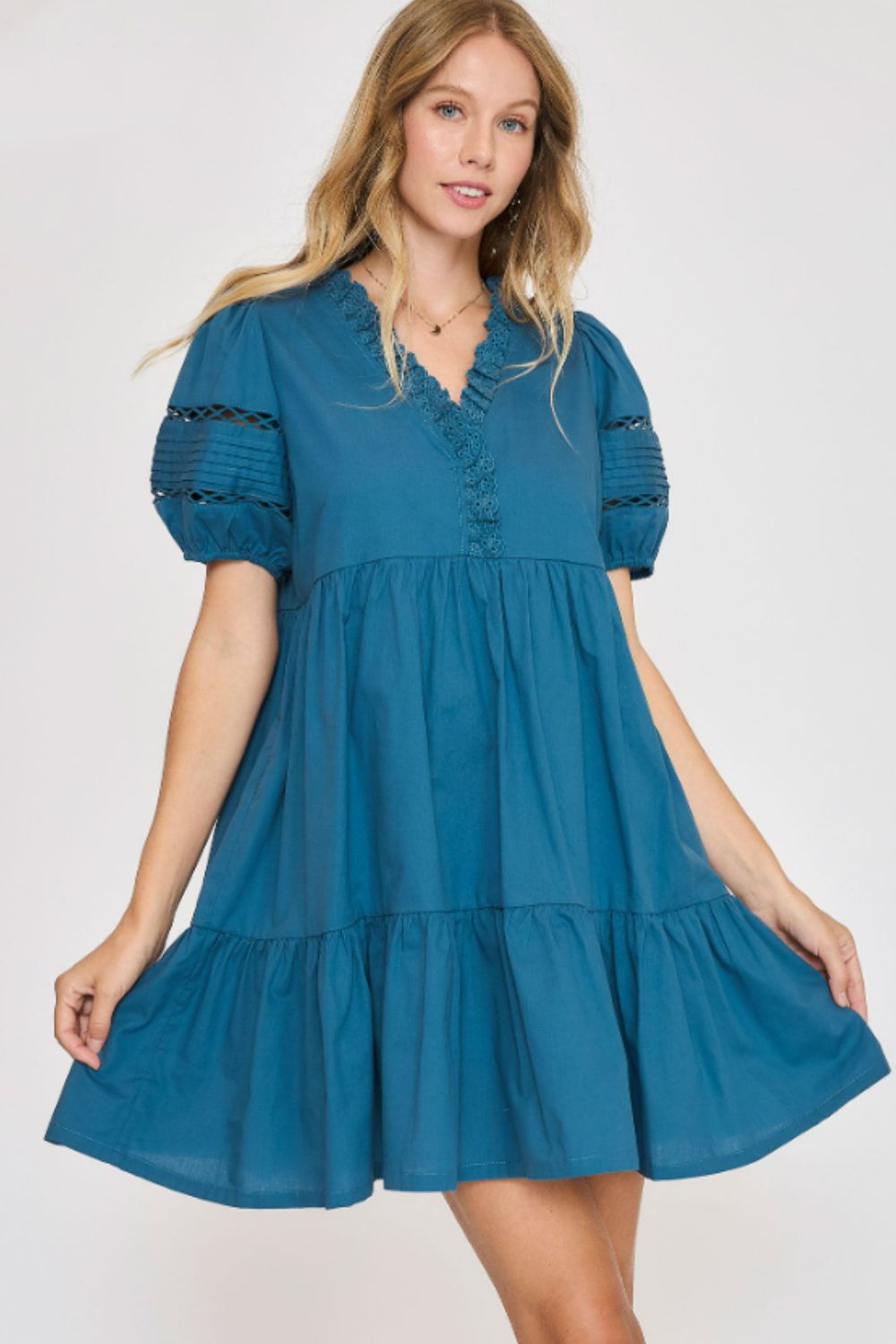 Umgee USA Plus Size Lace Detail Puff Sleeve Mini Dress.