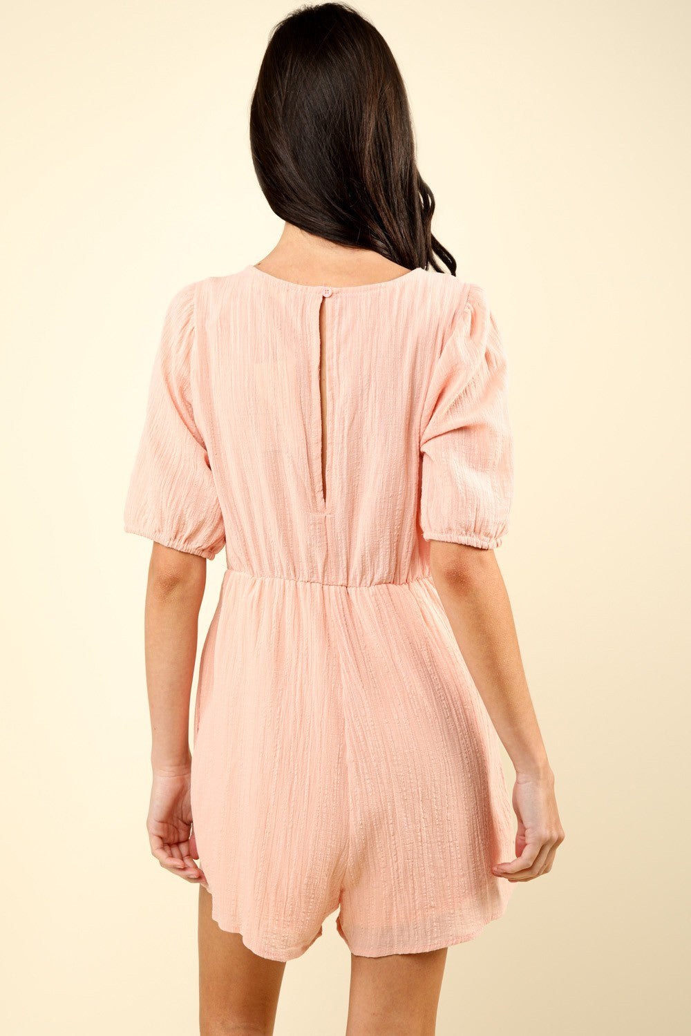Lace Detail Puff Sleeve Romper with Pockets and Back Keyhole.