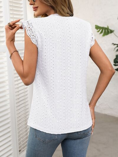 Lace Detail Round Neck Cap Sleeve Top with Eyelet.