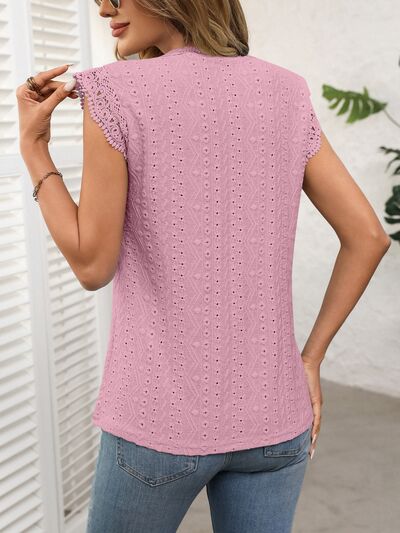 Lace Detail Round Neck Cap Sleeve Top with Eyelet.