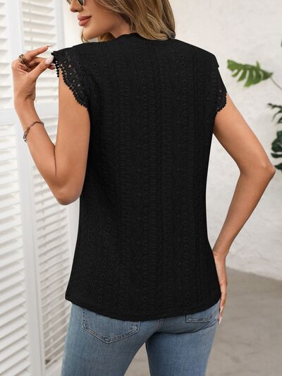 Lace Detail Round Neck Cap Sleeve Top with Eyelet.