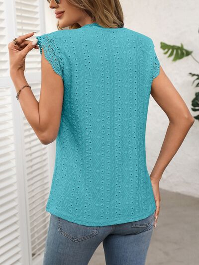Lace Detail Round Neck Cap Sleeve Top with Eyelet.