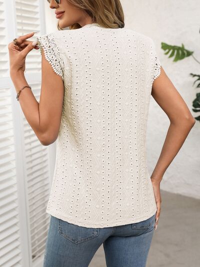 Lace Detail Round Neck Cap Sleeve Top with Eyelet.