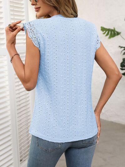 Lace Detail Round Neck Cap Sleeve Top with Eyelet.