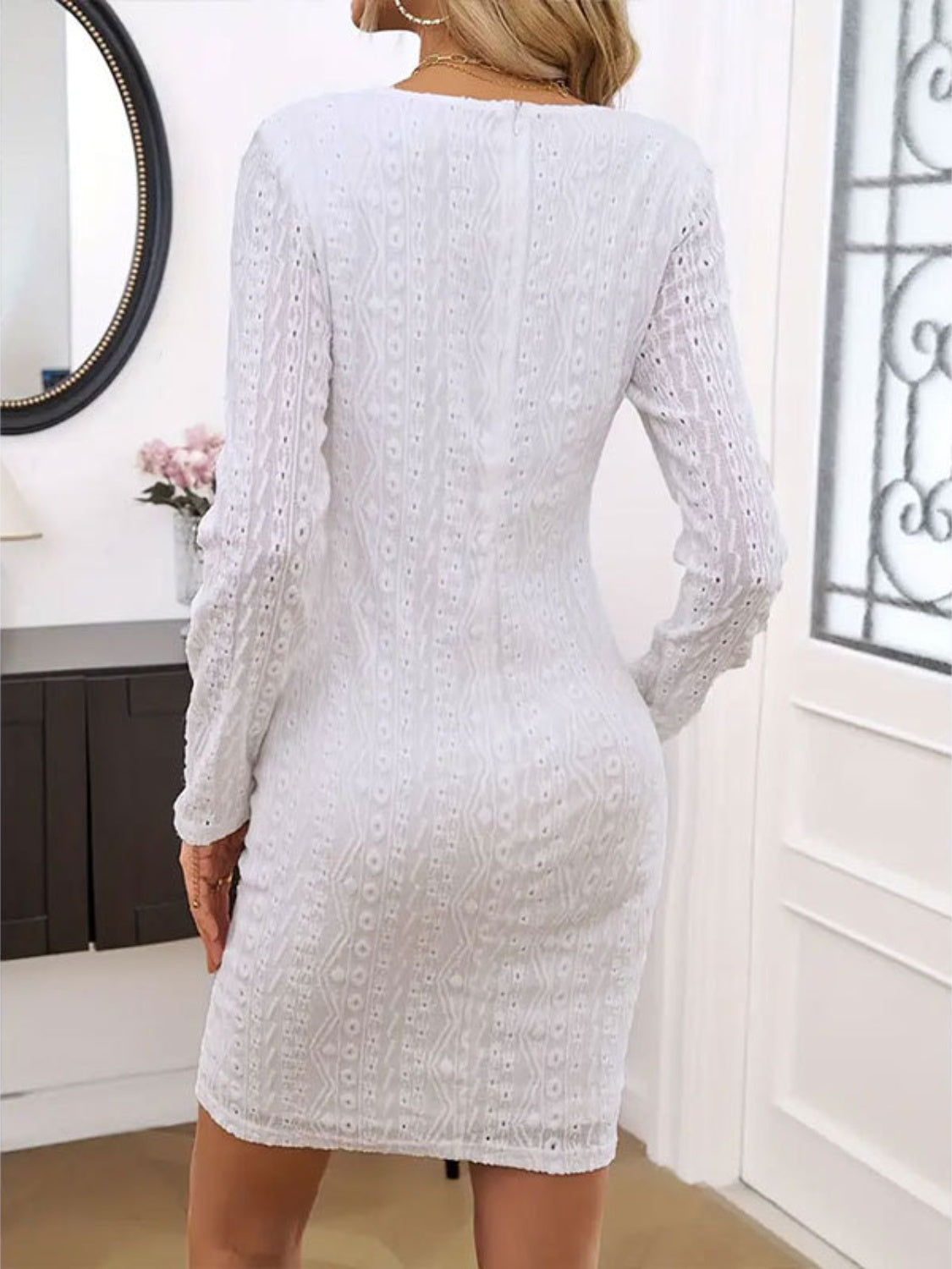 Lace Detail Round Neck Long Sleeve Mini Dress.