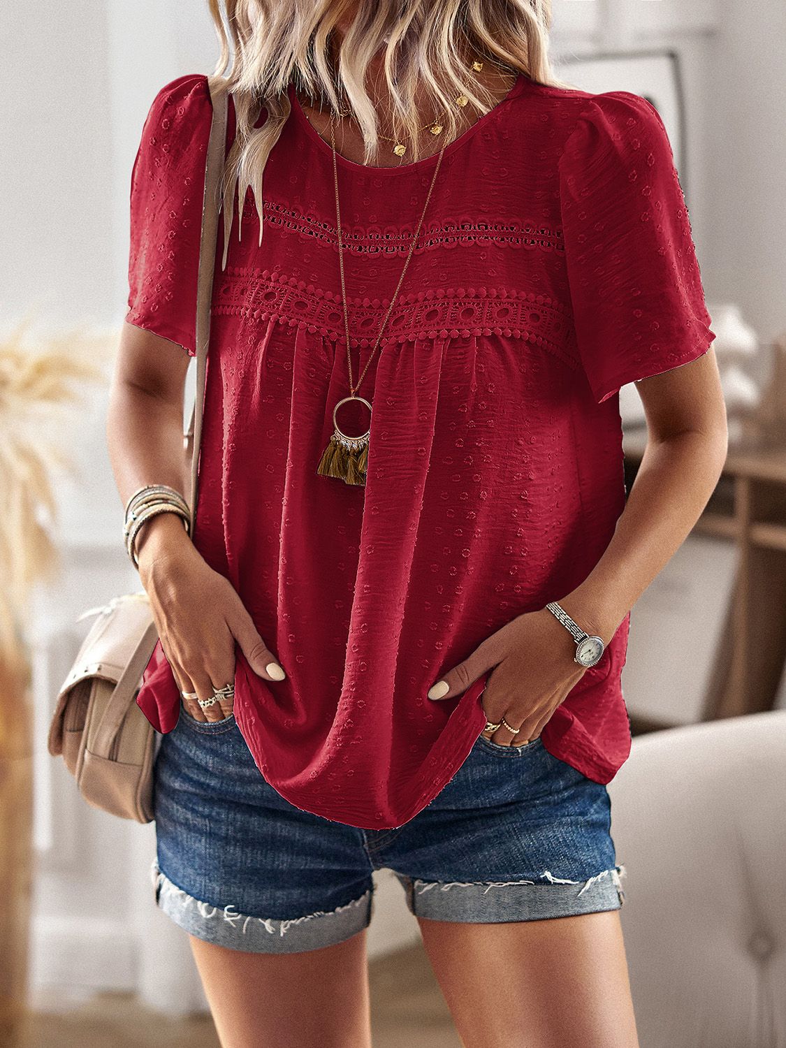 Devine Lace Detail Round Neck Short Sleeve Blouse with Ruched.