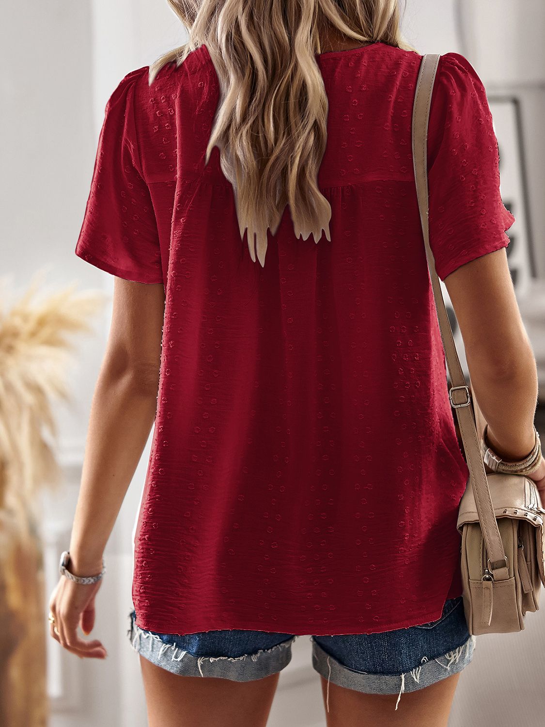 Devine Lace Detail Round Neck Short Sleeve Blouse with Ruched.