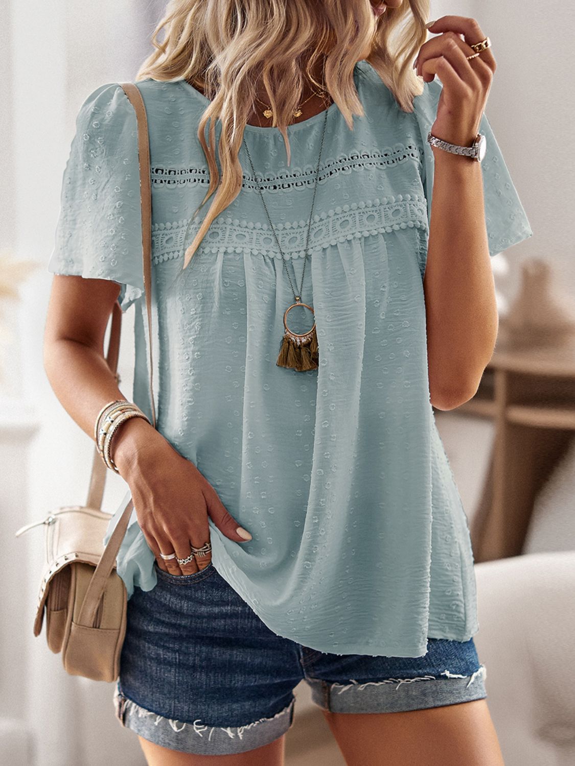 Devine Lace Detail Round Neck Short Sleeve Blouse with Ruched.