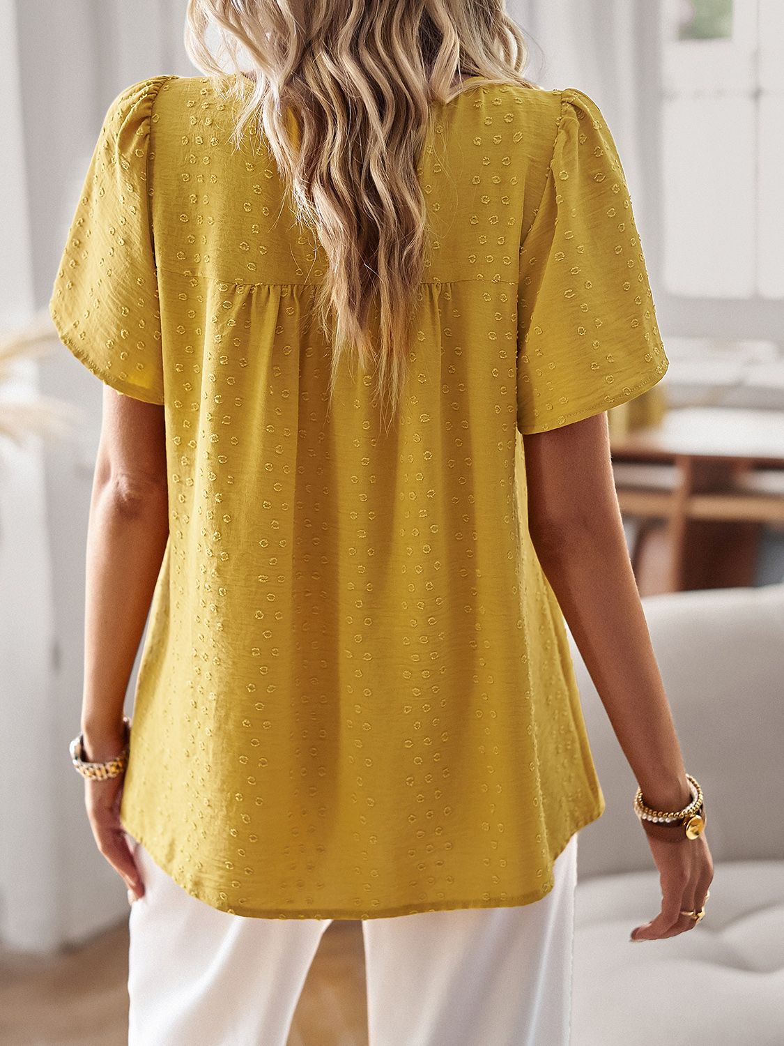 Devine Lace Detail Round Neck Short Sleeve Blouse with Ruched.