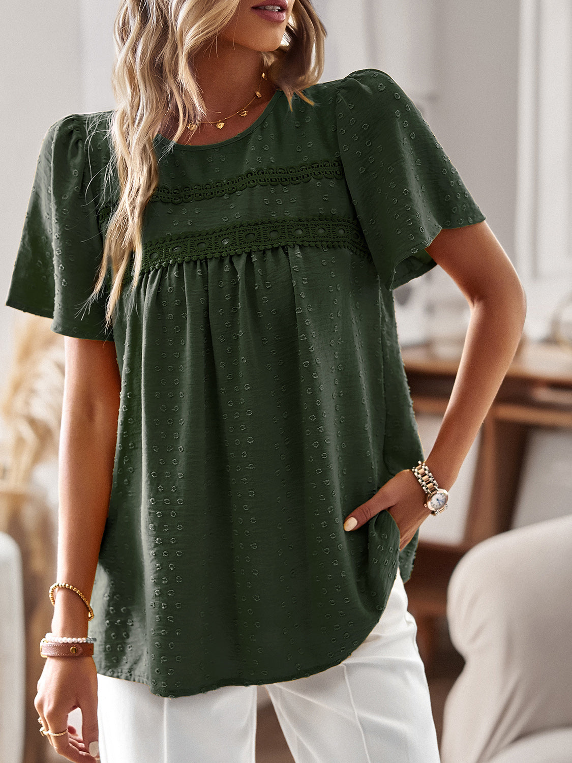 Devine Lace Detail Round Neck Short Sleeve Blouse with Ruched.