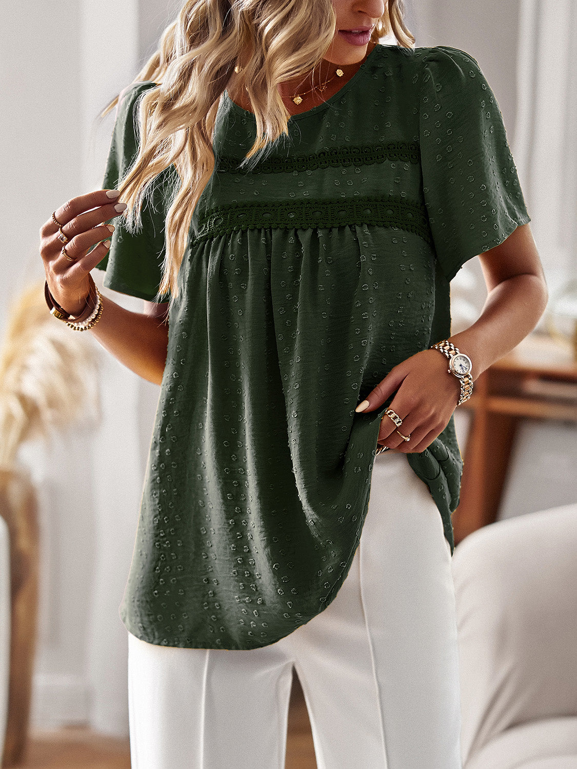 Devine Lace Detail Round Neck Short Sleeve Blouse with Ruched.