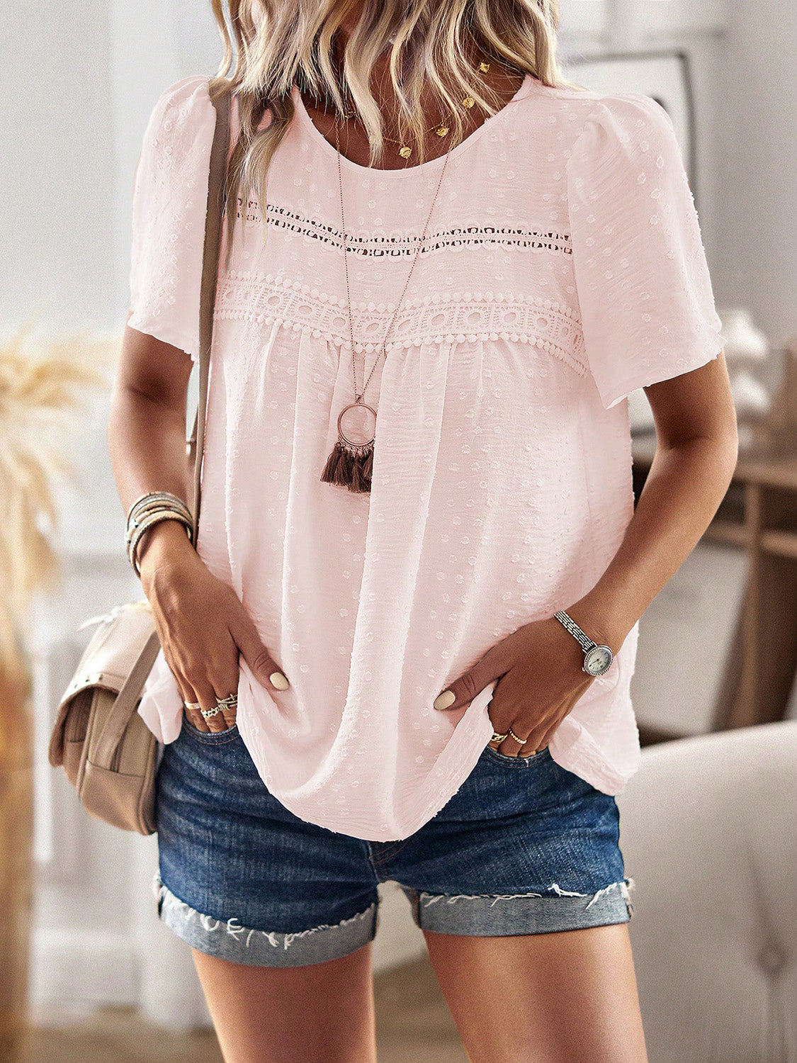 Devine Lace Detail Round Neck Short Sleeve Blouse with Ruched.