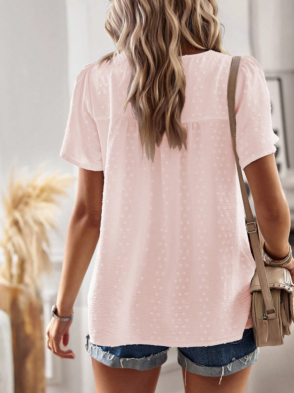 Devine Lace Detail Round Neck Short Sleeve Blouse with Ruched.