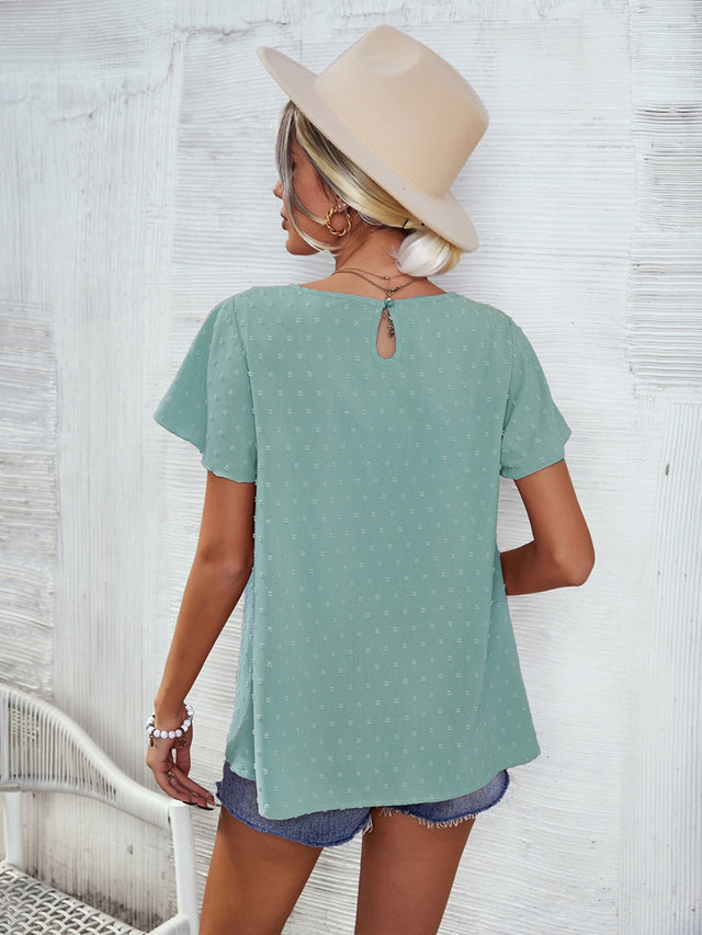 Lace Detail Round Neck Short Sleeve Blouse.
