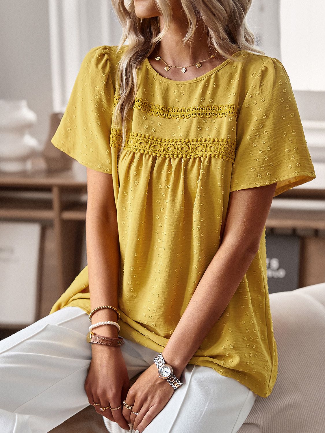 Devine Lace Detail Round Neck Short Sleeve Blouse with Ruched.