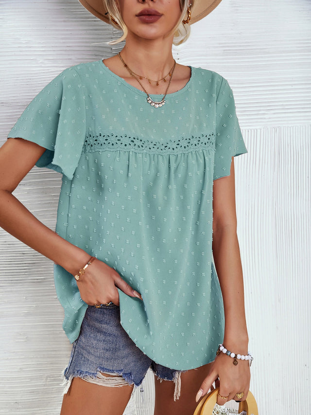 Lace Detail Round Neck Short Sleeve Blouse.