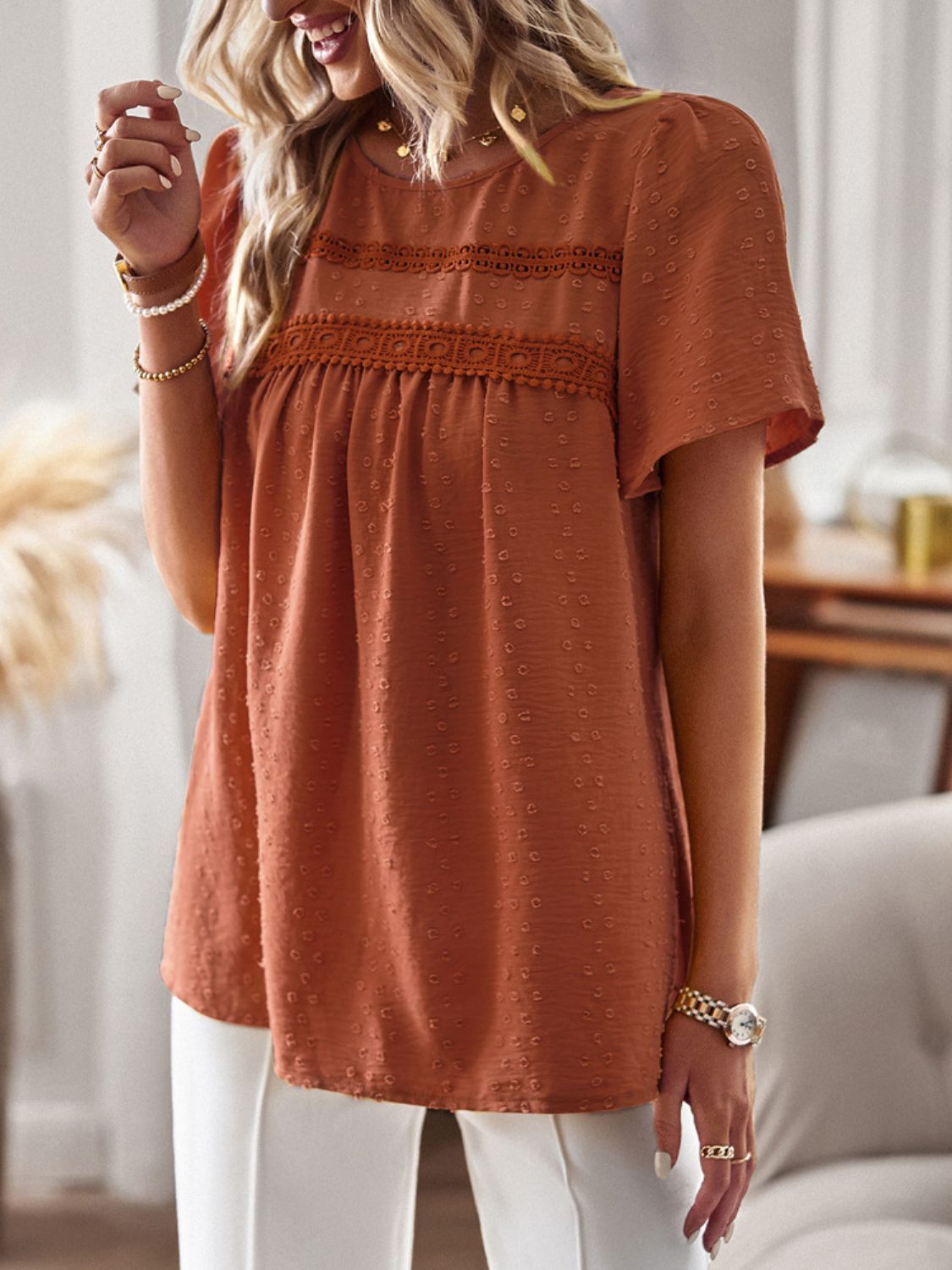 Devine Lace Detail Round Neck Short Sleeve Blouse with Ruched.