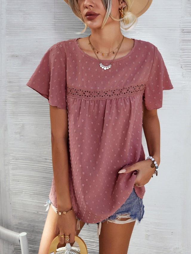 Lace Detail Round Neck Short Sleeve Blouse.
