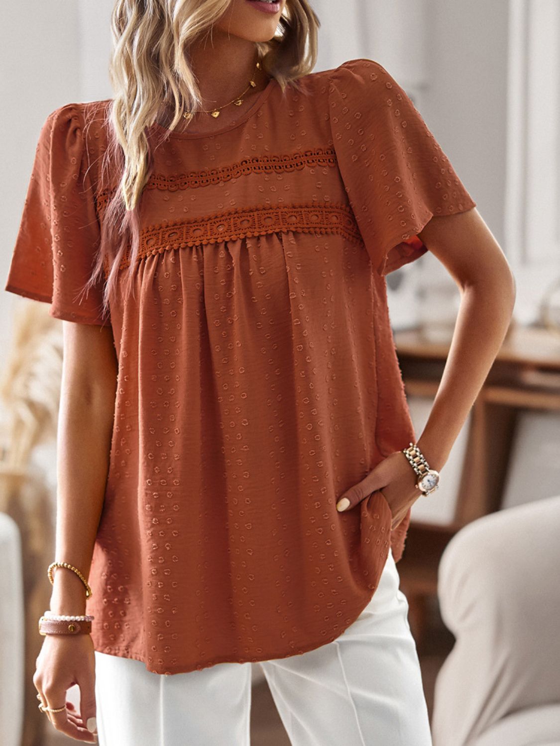 Devine Lace Detail Round Neck Short Sleeve Blouse with Ruched.