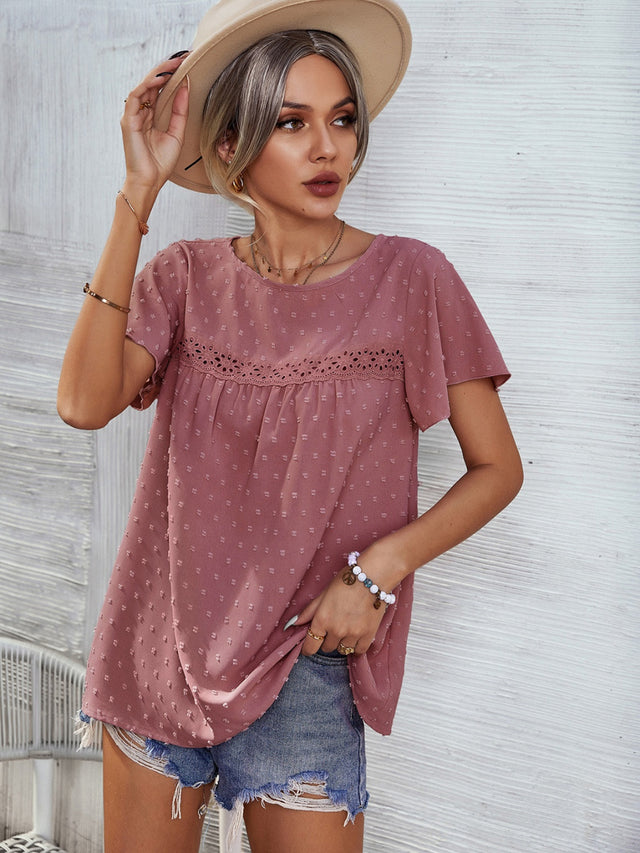 Lace Detail Round Neck Short Sleeve Blouse.