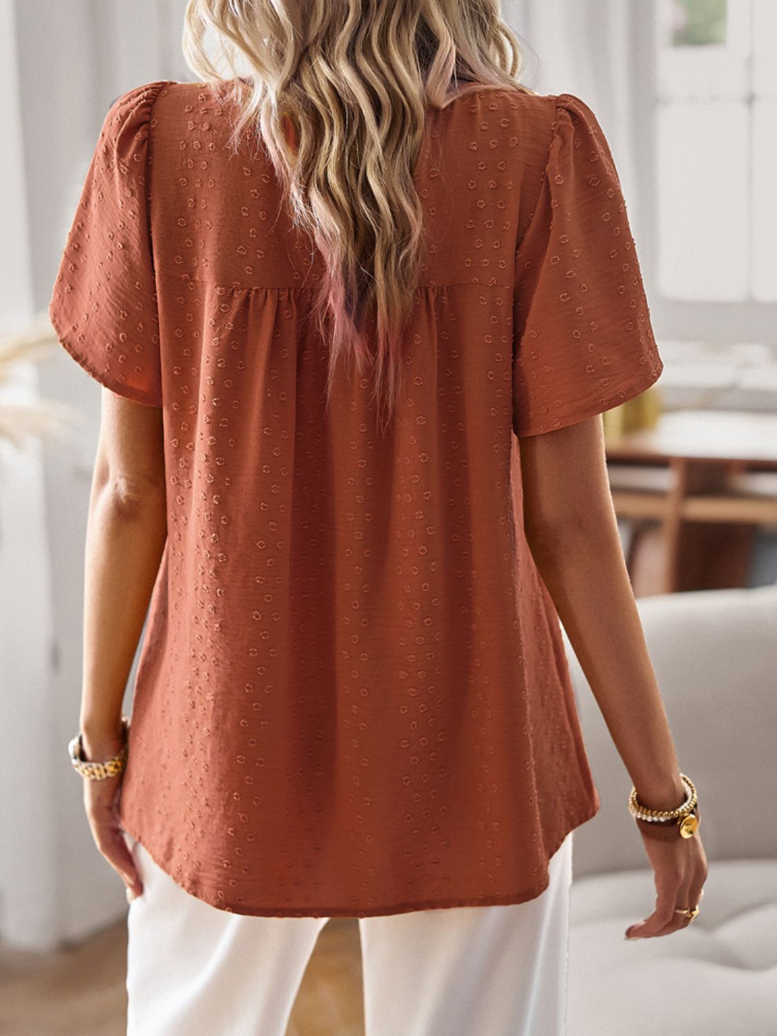 Devine Lace Detail Round Neck Short Sleeve Blouse with Ruched.