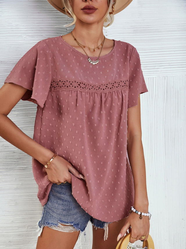 Lace Detail Round Neck Short Sleeve Blouse.