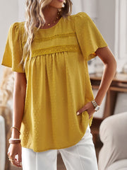 Devine Lace Detail Round Neck Short Sleeve Blouse with Ruched.