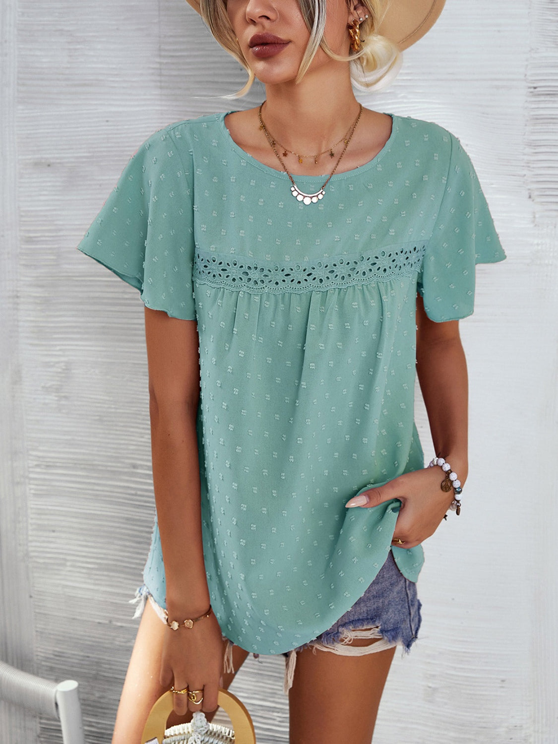 Lace Detail Round Neck Short Sleeve Blouse.