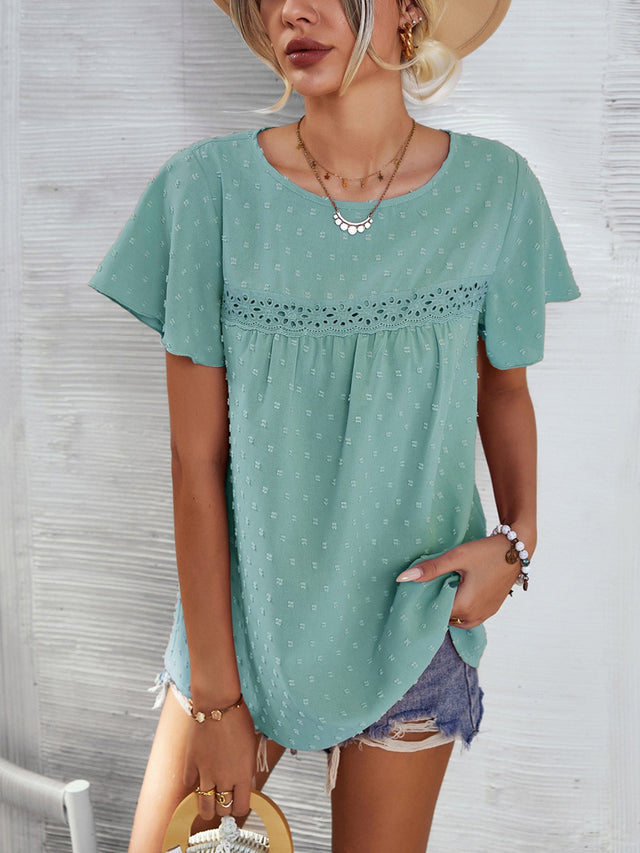 Lace Detail Round Neck Short Sleeve Blouse.