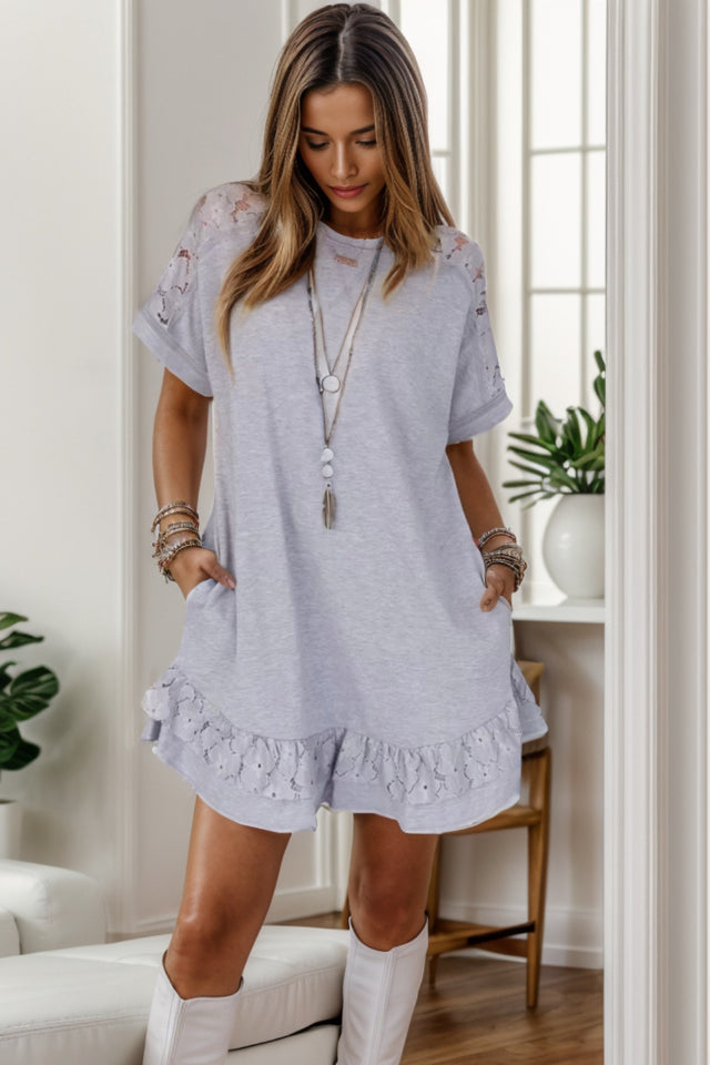Lace Detail Round Neck Short Sleeve Dress.