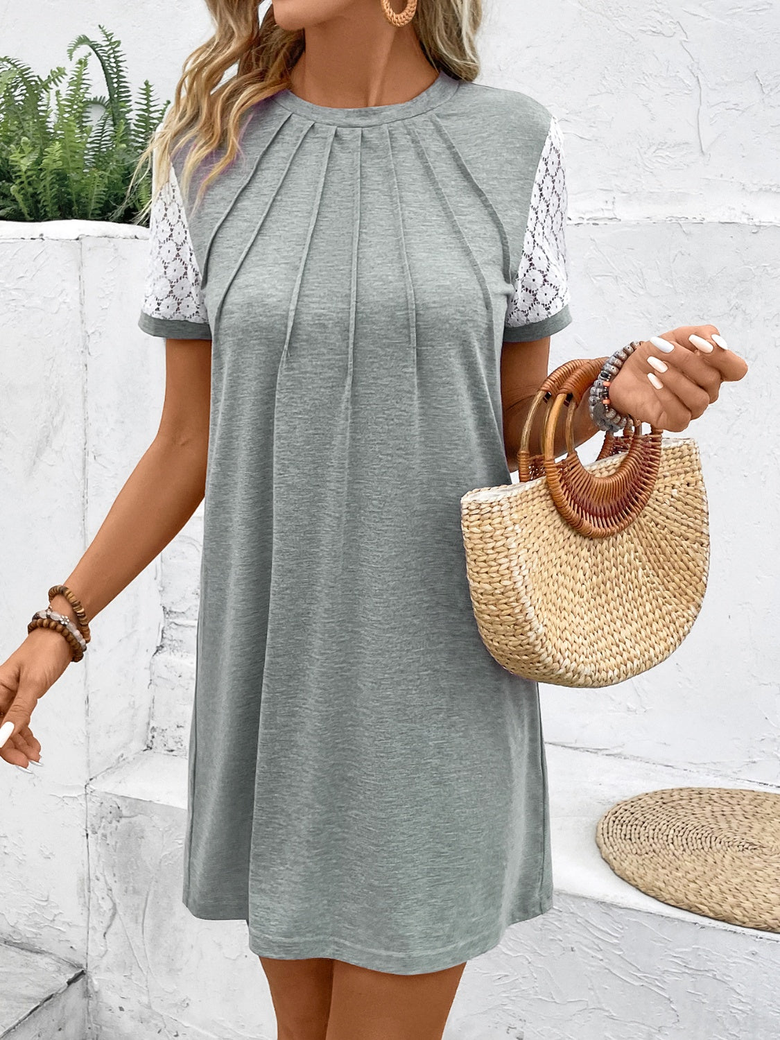 Lace Detail Round Neck Short Sleeve Mini Dress.